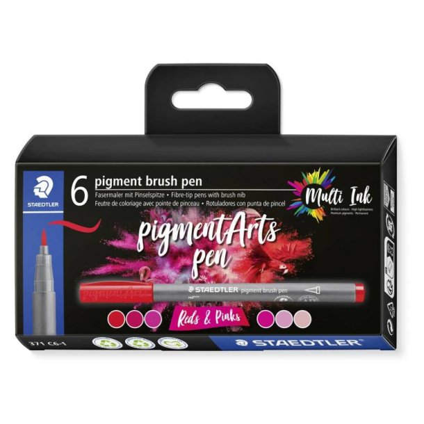 Staedtler Brush pens - Pigment arts st - assorteret farver - rd/pink - 6 stk.